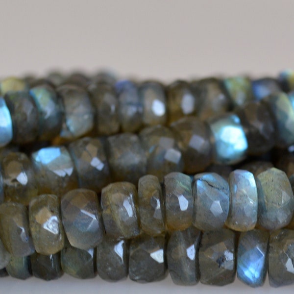 7mm 8-9mm Or 9-10mm AAA Quality Blue Flash Labradorite Beads Natural Dark Gray With Lots Blue Flash Faceted Rondelle Shape 8 inches  # 2089