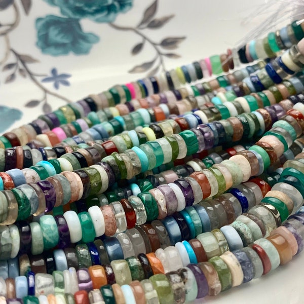 7mm 8mm 9mm AAA 100% All Natural Mixed Amethyst Lapis Chalcedony Emerald Green Garnet Turquoise Jade Malachite Heishi Beads 8 Inches #3769