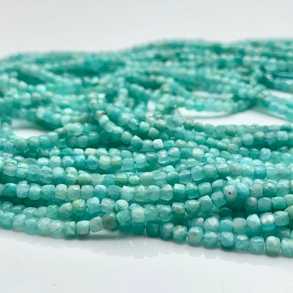 2.5 mm Micro Faceted Cube Dice Square Shape Amazonite Beads Genuine Diamond Cut Natural Blue Green Tiny Gemstone Beads 15.5 Inches #3544