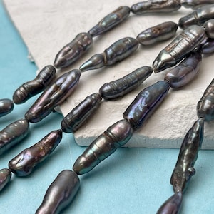 6-8x18-20 mm Gray Peacock Freshwater Biwa/Stick Pearls Genuine Peacock Biwa Stick Freshwater Pearls #P3205