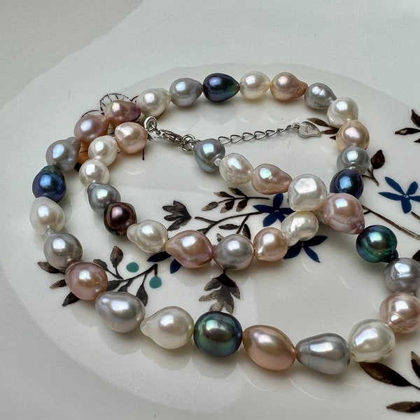 18/20/22/24/26/28 Inches Hand Knotted 7-8mm AAA Mixed White Pink Peacock Barouque Pearl Necklace With Silver/Gold Filled Clasp #P2270