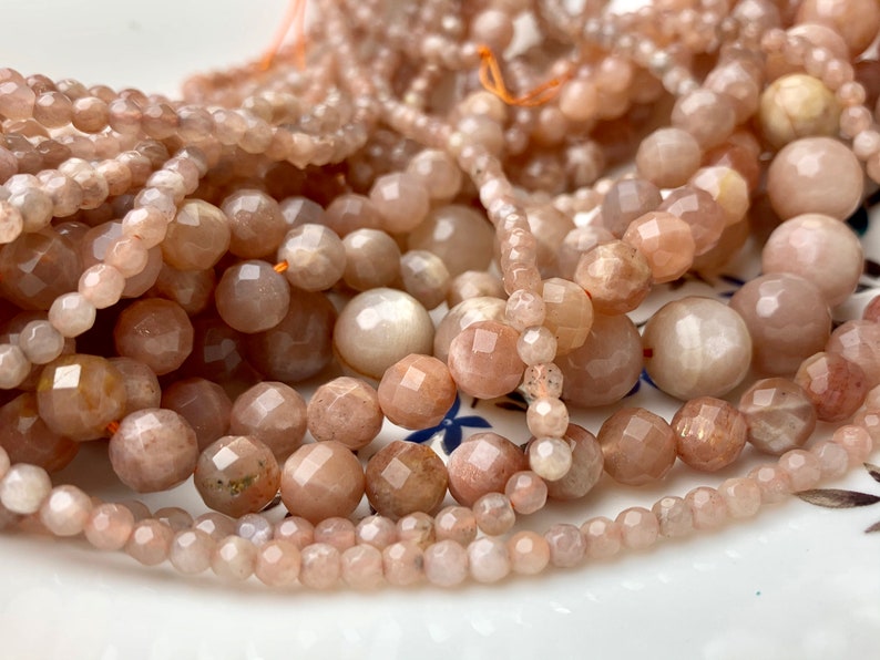 4mm 6mm 8mm 10mm 12mm Natural Color Peach MoonStone High Quality Faceted Round Gemstone Beads 15.5 Inches Strand #3005