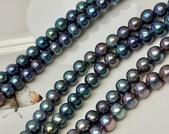 8 mm AA Large Hole Blue Purple Peacock High Luster Off Round Freshwater Pearl Hole Size 2.1mm 26 beads #P3820