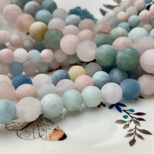 8mm 10mm 12mm Large Hole Natural Color Matte Round Aquamarine Rose Quartz Gemstone Beads Hole Size 2.0 mm 15 Inches Strand #2841