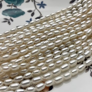 4.5x7 mm AAA Natural White Long Oval/Rice Freshwater Pearl Genuine High Luster Long Smooth Quality Pearls Bridal Pearls #P1578
