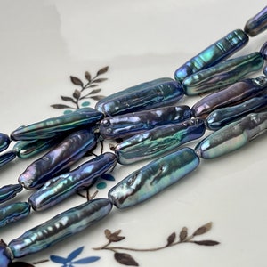 Perlas de agua dulce Biwa de pavo real arcoíris AAAA de 5-6 x 24-25 mm, auténticas y únicas, con brillo excepcional, en forma de moneda Biwa de pavo real #P2383
