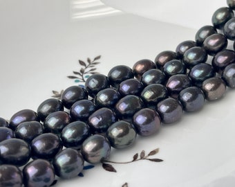 10 x 11-12 mm riz d'eau douce couleur paon foncé/perles ovales véritables perles d'eau douce ovales paon noir # P2440
