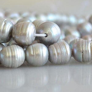 12-14 mm Large Hole Ringed Silver Gray Freshwater Pearl Beads, 2 mm Hole, Large Hole Genuine Cultured Freshwater Pearls #157