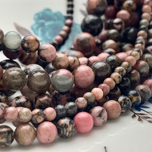 4mm 6mm 8mm 10mm 12mm Smooth Round Black And Pink Rhodonite Gemstone Genuine Mixed Black Pink Matrix Rhodonite 15 Inches Strand #3538