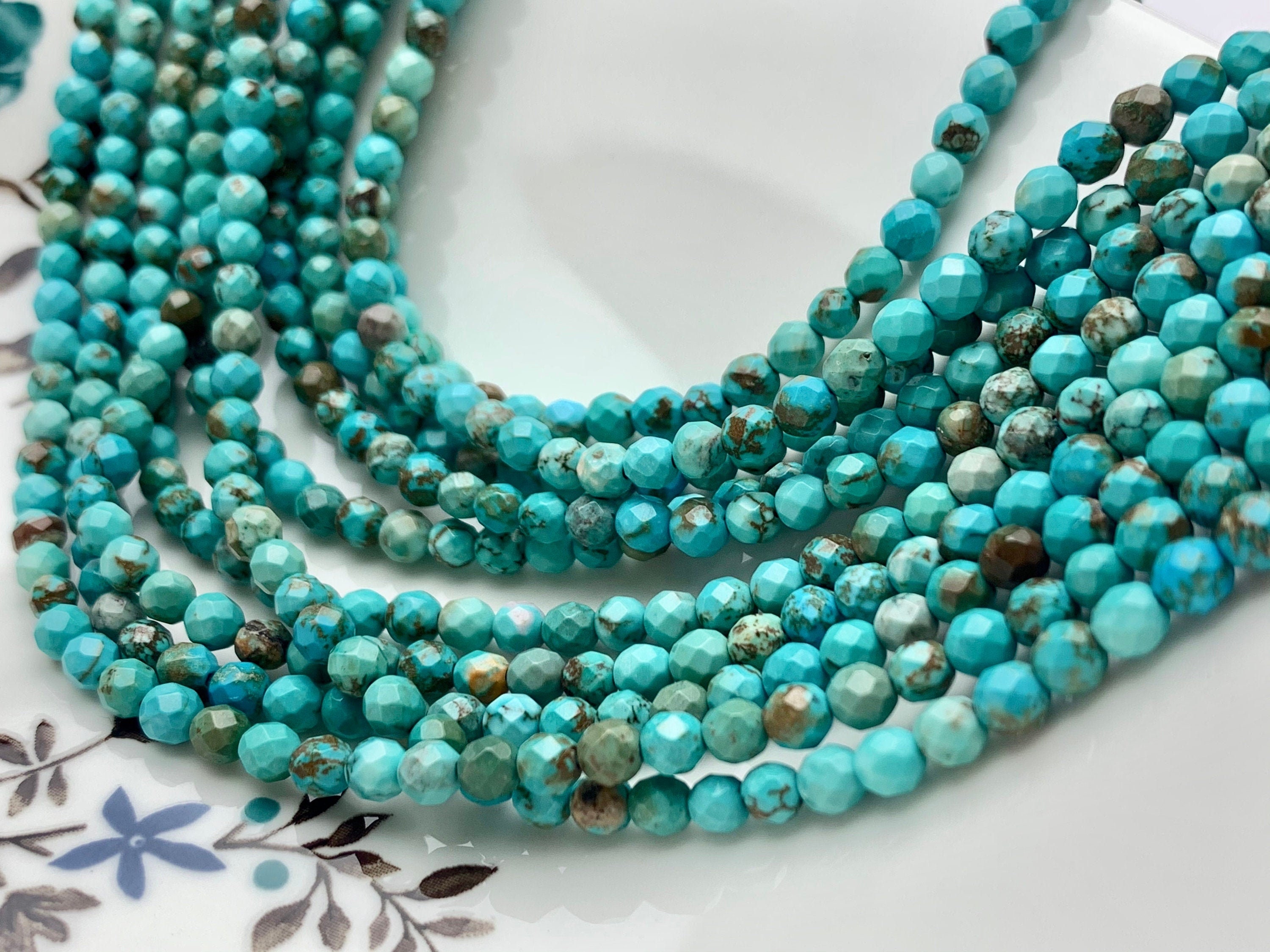 4 mm Natural Faceted Round Turquoise Beads Natural Color Turquoise Loose Beads 15.5 Inches Strand #2614