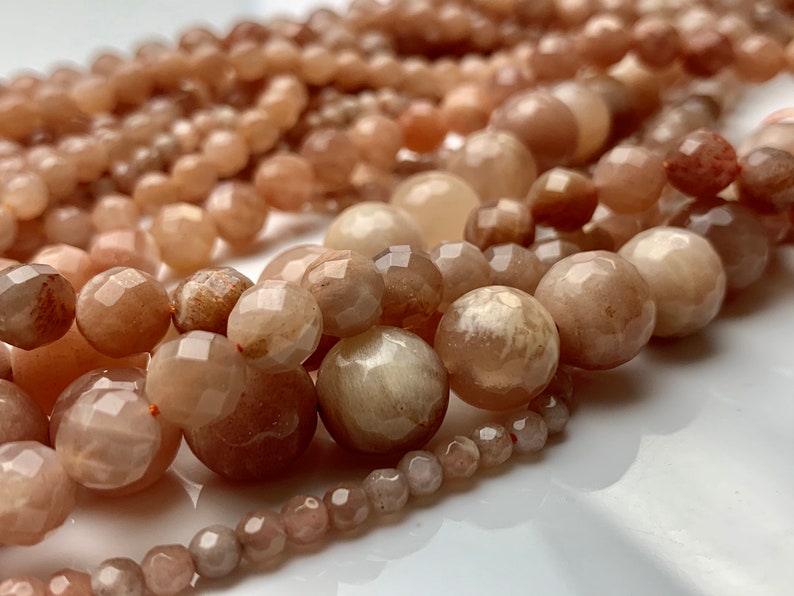 4mm 6mm 8mm 10mm 12mm Natural Color Peach MoonStone High Quality Faceted Round Gemstone Beads 15.5 Inches Strand #3005