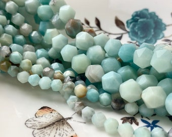 Star Cut Beads Sizes 6mm 8mm 10mm Diamond Cut Beads Full Strand 15.5 inch #124 Amazonite Beads Faceted Gemstones Loose Beads