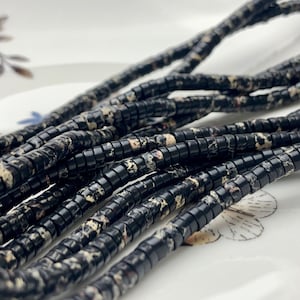 2x4mm Natural Black Color Impression Jasper Heishi Rondelle Shape Genuine Sea Sediment Jasper Discs Gemstone Beads 15.5 Inches Strand #3111