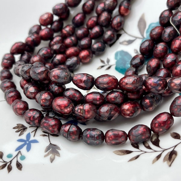 6x8mm OR 7x9mm Dark Red /Burgundy Color Faceted Rice Oval Freshwater Pearl Beads  Genuine Faceted Freshwater Pearls  #175