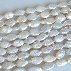 8-9x13-14 mm AAA Natural Freshwater Pearl Oval Coin, Cultured Genuine Coin Pearl, High Luster White Flat Oval Coin Pearl Bead 217 image 2