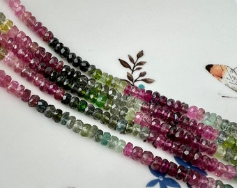 Perles de tourmaline naturelle rondelles facettées AAA de 4 mm, pastèque rose verte naturelle, gemme de tourmaline 14,5 pouces brin # 4435