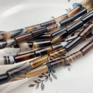 6x16 mm Tube Shape Coffee Wave Line Agate Gemstone Beads Coffee Color Agate Gemstone Beads. #2605