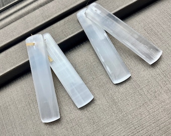 One Pair 10x48 mm Natural Selenite Top Drilled Teardrop Cabochon Long Rectangle Matching White Selenite Gemstone Earring Pendant #3300