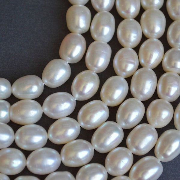 Perlas de agua dulce de arroz blanco AA de 8-9 x 10-11 mm, perla de agua dulce genuina, perlas ovaladas naturales, perlas de novia n.° 84