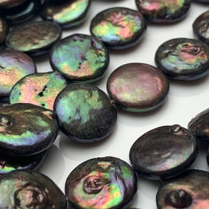 14-15mm Green Peacock Color  Flat Coin Freshwater Pearl Beads Genuine Dark Peacock Freshwater Coin Pearls #1539