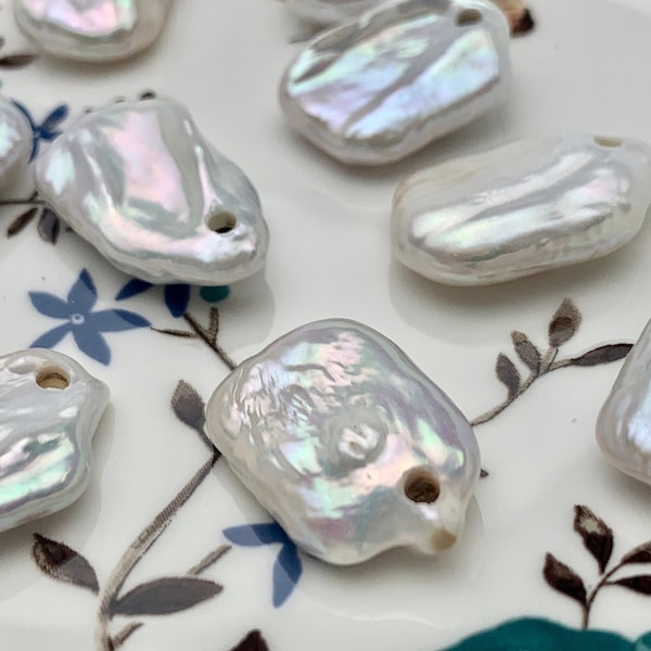 Perla de moneda rectangular gruesa perforada en la parte superior, blanca natural de alto brillo, de 15 x 20-22 mm, tamaño AAA, para colgante o pendiente, agujero grande de 2,1 mm, n.° P1336