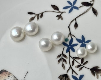 AAAA One Pair 7-11 mm Top Quality High Luster Round Button Half Drilled Freshwater Pearls Genuine Natural White Freshwater Pearls #1621