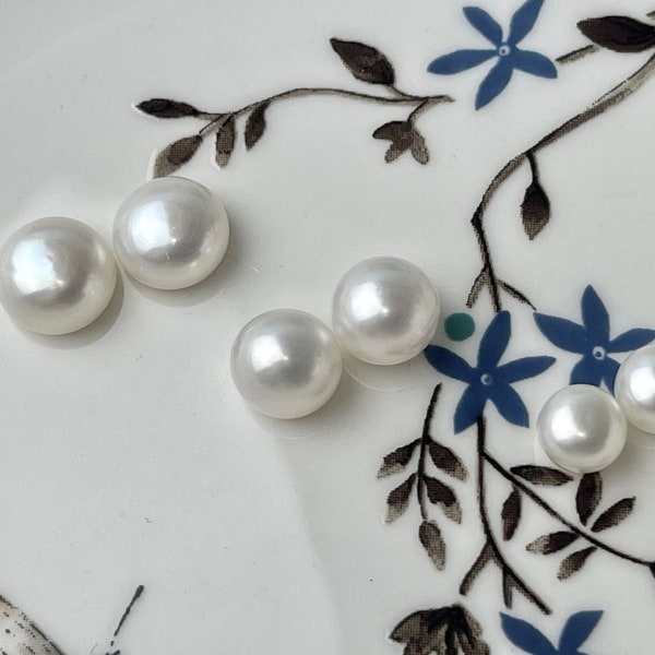 AAAA One Pair 7-11 mm Top Quality High Luster Round Button Half Drilled Freshwater Pearls Genuine Natural White Freshwater Pearls #1621