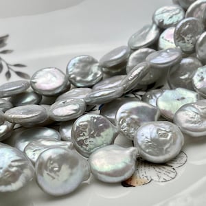 13 mm AA Natural Silver White Coin Freshwater Pearl Beads Genuine Cultured High Luster Quality Freshwater Coin Pearls 25 Beads #P1859