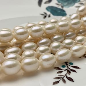 8x10 mm AAA Rice/Oval White Natural Freshwater Pearls, Genuine Freshwater Pearl, Natural White Rice Pearl, High Luster Pearls #1043