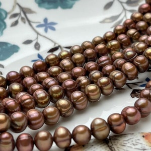6-7 mm Chocolate Brown Potato Ringed Freshwater Pearl Beads Genuine Natural Pearl Beads Cultured Freshwater Potato Pearls #P2037