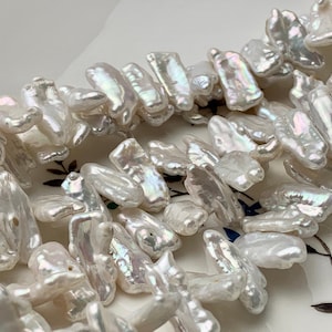 Perlas de agua dulce Biwa blancas naturales AAA de 8-10 x 18-20 mm, genuinas, cultivadas, con centro perforado, n.° P1367