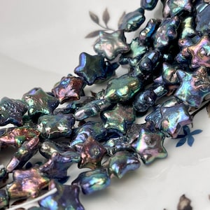 11-12 mm AAA Very Rare Rainbow Peacock Star Shape Freshwater Coin Pearl Beads Genuine High Luster Star Coin Pearls 17 Beads #P2361