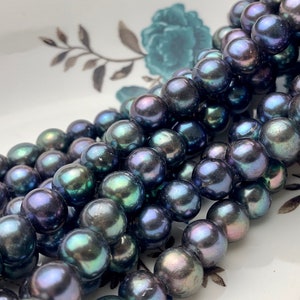 9 mm AAA Half Strand Large Hole Blue Peacock Potato Freshwater Pearl Beads Hole Size 3.0mm Genuine High Luster Pearls 22 Pieces #P1568