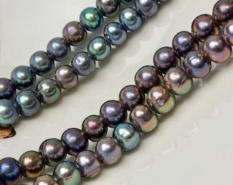 8 mm AA Large Hole Blue Purple Peacock High Luster Off Round Freshwater Pearl Hole Size 3.0mm 25 beads #P3821