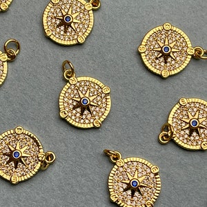 Compass Star Design Circular Charm for Necklace Jewelry Making, 18K Gold Filled Charm Medallion Pendant With CZ, One Piece #CR0013
