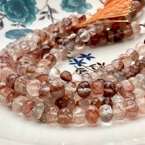 8mm 9mm AAA Faceted Rondelle Copper Rutile Quartz Gemstone Beads Genuine Gemmy Natural Pink Copper Rutile Quartz 8 Inches Strand #3722