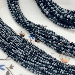 2mm 3mm 4mm AAA  Micro Faceted Round Snow Flake Jasper Gemstone Beads Natural Black Gray Faceted Round Snow Flake Jasper 15.5 Inches #2350