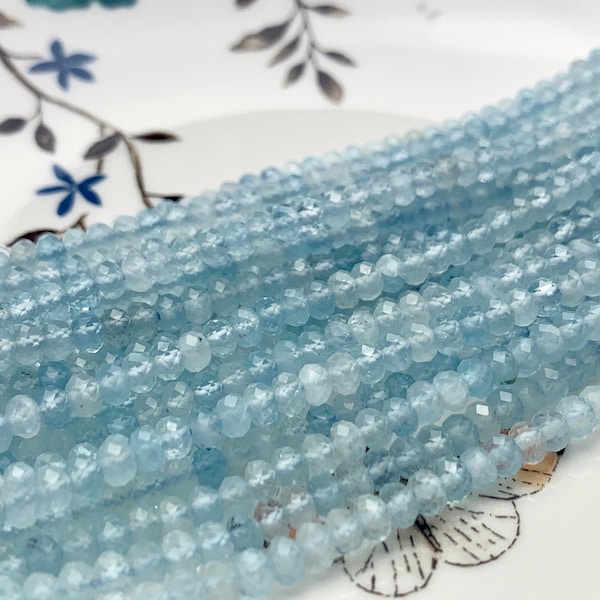 3x4 mm Natural Color Faceted Rondelle Aquamarine Gemstone Beads Natural Blue Micro Faceted Rondelle Aquamarine Gemstone Beads  # 2448