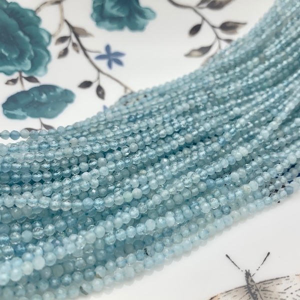 BEST DEAL 2.5 mm AAA Faceted Round Tiny Aquamarine Gemstone Beads Genuine Natural Blue Aquamarine Loose Beads 15.5 Inches Strand  #2599