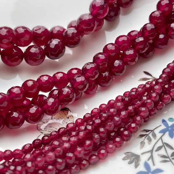 BEST DEAL 4mm 8mm 10mm Faceted Round Agate Gemstone Beads Heat Treated Cranberry Color Natural Agate 15.5 Inches Strand #4016