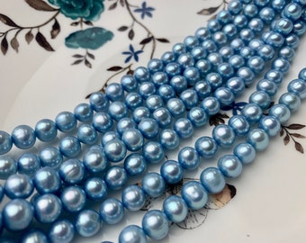 5-6mm 7-7.5mm 8mm AA Baby Blue Color Potato Freshwater Pearl Beads Genuine High Luster Sky Blue Color Freshwater Pearls #P1502
