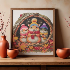 May include: A framed cross-stitch artwork featuring three cartoon hamsters wearing hats and scarves, nestled in a fall-themed setting. The hamsters are surrounded by autumn leaves and a wooden frame. The artwork is displayed on a wooden surface.