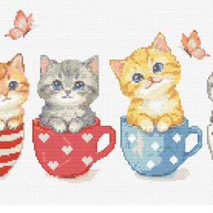 Korsstygnsmönster med kattungar i koppar, broderidiagram för kawaii-djur (PDF-nedladdning)