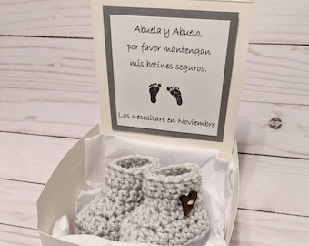 Spanish Pregnancy Announcement Booties Box: Grandparents Reveal Gift