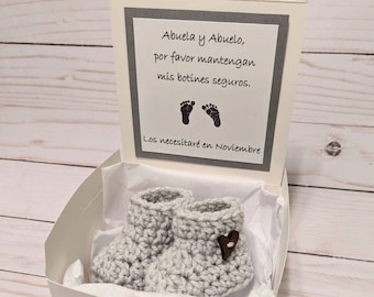 Spanish pregnancy announcement booties, Spanish baby announcement box, grandparents pregnancy reveal bootie box,  pregnancy booty box