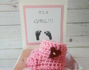 It's a girl parent pregnancy announcement booties, baby girl announcement box, grandparents pregnancy reveal bootie box, pregnancy booty box