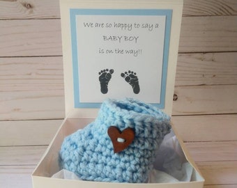 It's a boy parent pregnancy announcement booties, baby boy announcement box, grandparents pregnancy reveal bootie box, pregnancy booty box