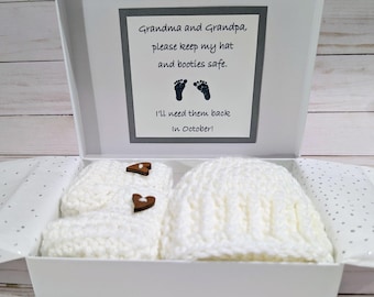 Pregnancy Announcement Bootie Box, Sage Hat and Booties, Grandparent Reveal