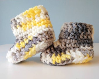 Variegated yellow and gray baby booties, crochet newborn baby slippers, handmade grandchild gift, soft baby shoes, crochet baby shower gift