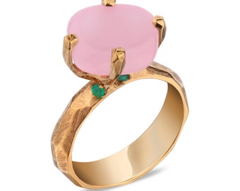 925 Sterling Silver Pink Chalcedony Ring with Gold Plating - Blossom Ring | rara